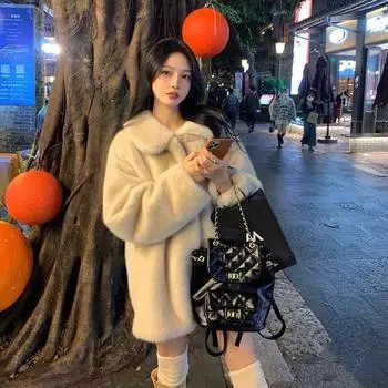 Fur jacket women s medium and long autumn and winter imitation mink velvet thickened fur coat square collar thin loose young model S [85-50kg]