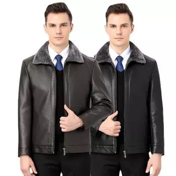 Fur one-piece middle-aged men s velvet thickened leather jacket dad s jacket short loose leather jacket lapel middle-aged and elderly M