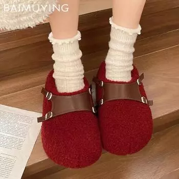 Меховые женские хлопковые тапочки на платформе, короткие плюшевые дизайнерские туфли на плоской подошве, мюли, тренд 2025 года, теплые зимние сапоги, уютные женские сапоги 35 покинуть белый