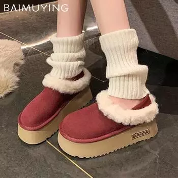 Fur Platform Women Cotton Slippers Suede Flats Mules Shoes Winter Fashion Slingback Boots Woman 2025 Trend Warm Femme Snow Botas 35