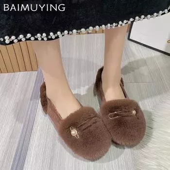 Fur Women Cotton Loafers Shoes Bead Suede Short Plush Flats Casual Shoes 2025 Trend Designer Walking Warm Winter Botas De Mujer 35 коричневый