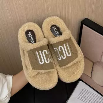 Fur Women Slippers Designer Autumn Winter Open Toe Wool Comfort Warm Shoes Fashion Flat Casual Outdoor Leisure Dress Slippers 35 бежевый