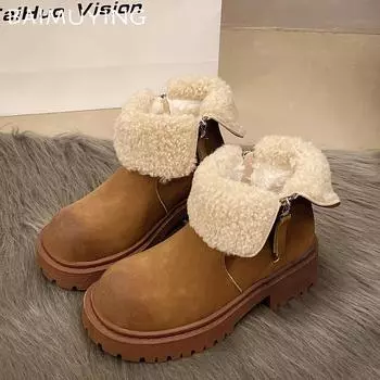 Fur Women Snow Ankle Boots Suede Mid Heels Short Plush Cotton Shoes 2025 Trend Winter Chunky Pumps Warm Casual Botas De Mujer 35