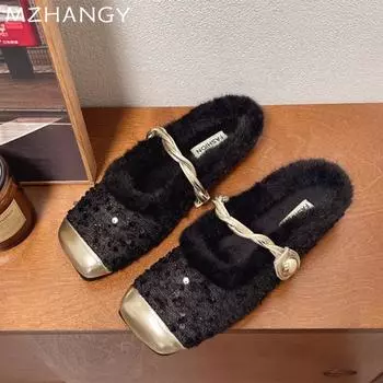 Fur Women Square Toe Slippers Bling Flats Cotton Shoes Woman 2024 Trend Winter Flip Flops New Casual Fad Luxury Mujer Snow Boots 35 бежевый