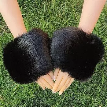 Furry Elastic Cuffs Bracelet Imitation Fur Thermal and Windproof Oversleeve Imitation Fox Fur Oversleeves Wristband Female Winter Black All yards