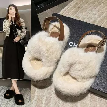 Женские пушистые тапочки с толстым дном, прямой пряжкой, ремнем, открытым носком, теплые хлопковые тапочки, домашние тапочки для женщин, зимние 35 чёрный