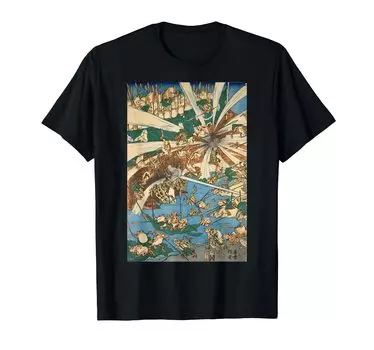 Furyu Frog Battle Illustration Kawanabe Kyosai Japanese Samurai Frog Japanese Traditional Art Vintage Aesthetics Ukiyo-e T-shirt