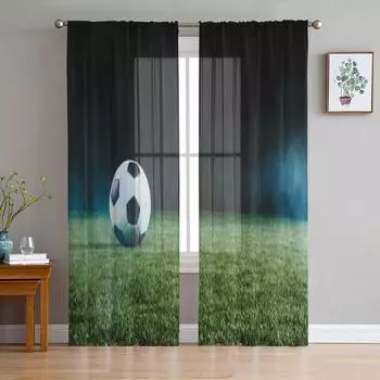 Футбольная команда Мяч на поле Тени ночью Тюль Шторы для гостиной Прозрачная занавеска Спальня Вуаль Органза Декоративные шторы 135W x 114H(cm)