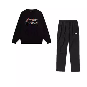 Футбольная серия Li Ning, красочный принт логотипа, универсальный свитер с круглым вырезом, повседневный спортивный костюм, унисекс, черный AWDRB35-1+AYKT413-1 L