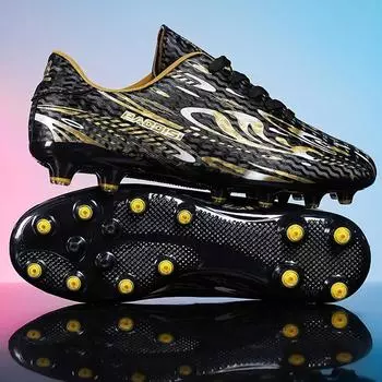 Футбольные бутсы мужские детские большого размера с низким верхом и длинными шипами для тренировок на открытом воздухе, противоскользящие, профессиональные, тренировочные футбольные бутсы 31 чёрный/золотой