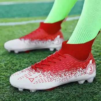 Футбольные бутсы унисекс с высокой лодыжкой. Детские футбольные бутсы с длинными шипами AG. Профессиональные бутсы для мальчиков и девочек. Уличные бутсы. Обувь для тренировок на траве. Обувь для футзала Soocer. 33 красный