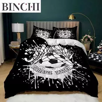 Футбольный черный белый пододеяльник футбольные ворота мягкий комплект постельного белья полиэстер спортивные соревнования тематика игры с мячом для подростков мальчик декор EU single(135x200cm)