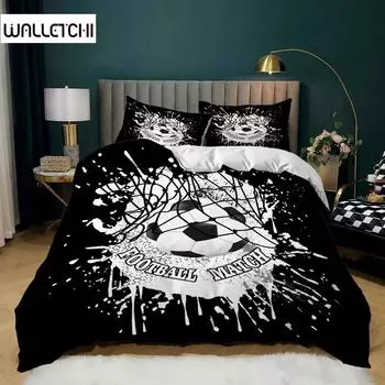 Футбольный черный белый пододеяльник футбольные ворота мягкий комплект постельного белья полиэстер спортивные соревнования тематика игры с мячом для подростков мальчик декор EU single(135x200cm)