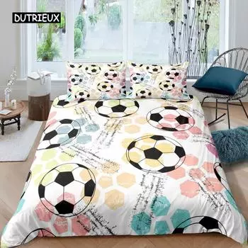 Футбольный комплект пододеяльников с рисунком футбольного мяча Комплект постельного белья с спортивной тематикой Микрофибра Цветной гранж-стиль Двуспальное одеяло King EU single(135x200cm)