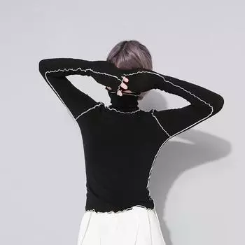 Футболка 2025 года с контрастным кружевом и высоким воротником, облегающая, с длинным рукавом - 2 цвета One Size чёрный