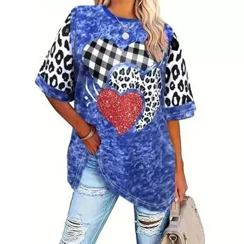 Футболка 3D с принтом клетчатого сердца больших размеров, повседневный топ с коротким рукавом, весна и лето, женская одежда больших размеров XL