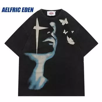 Футболка Aelfric Eden с мерцающими звездами, уличная одежда, хип-хоп, футболка с принтом бабочки, Harajuku, ретро, повседневная хлопковая летняя футболка с короткими рукавами M