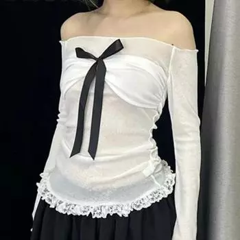 Футболка AltGoth Aesthetic Fairy White для женщин Y2k E-girl с бантом в пастельном готическом стиле, кружевной отделкой и длинным рукавом, с открытыми плечами S белый
