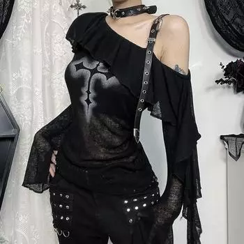 Футболка AltGoth Hotsweet Y2k Gothic, женская эстетическая винтажная уличная одежда, с крестообразным принтом, на бретельках из искусственной кожи, в стиле пэчворк, с длинным рукавом, укороченная футболка S чёрный