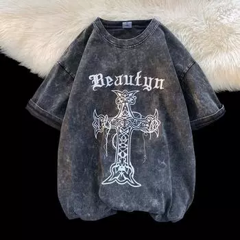 Футболка American Ins Retro Heavyweight с потертостями и короткими рукавами, мужская, Y2K Design, нишевая, хип-хоп, High Street, кросс-топ S белый