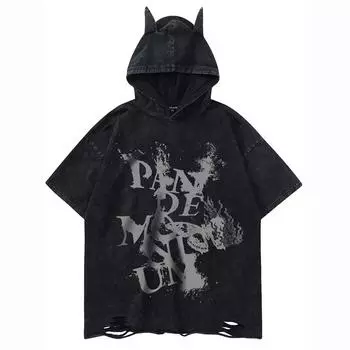 Футболка American Loose Hip hop Dark Washed Printed Hooded Ripped Short Sleeves Unisex XXXL чёрный