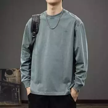Футболка American Retro 50G Heavy с длинными рукавами, мужская осенняя свободная рубашка из чистого хлопка, модный фирменный принтованный свитер M оливковое зеленый