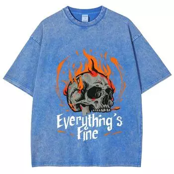 Футболка American Retro High Street с принтом черепа и огня, женская, с коротким рукавом, стираная джинсовая футболка с круглым вырезом, плотная хлопковая футболка S