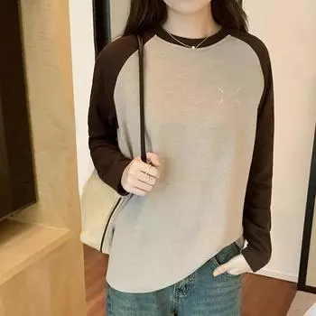 Футболка американского ретро реглан с длинными рукавами и круглым вырезом, цветные блоки, женская, осень и зима, новый свободный универсальный топ в стиле иннс S