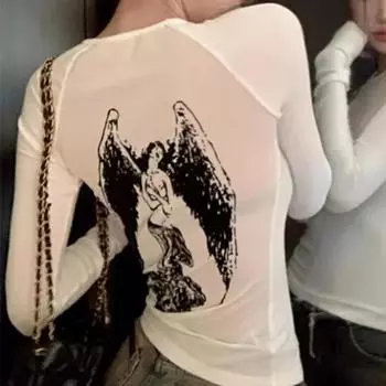 Футболка Angel Velvet с принтом, нижняя часть, осенний короткий дизайн, новые облегающие повседневные топы, рубашка Spice Girl Y2k с длинными рукавами в уличном стиле S белый