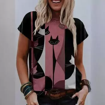 Футболка Animal Series Digital 3D Printed с геометрическим рисунком в виде мультяшного кота, большого размера, мужская и женская, с круглым вырезом и короткими рукавами 7XL