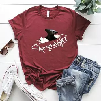 Футболка «Are You Alright Lovejoy» Футболка «Kawaii Lovejoy» Футболка «Lazy Cat Lovejoy» Футболка с рисунком для женщин Футболки с коротким рукавом S чёрный