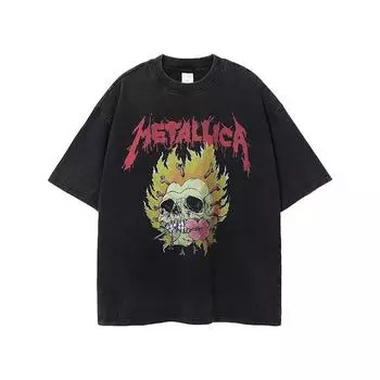 Футболка ARTIE мужская с принтом черепа и пламени в стиле ретро - темного цвета, свободный крой, модный короткий рукав L