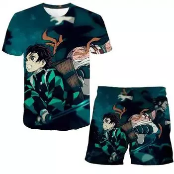 Футболка Baby Demon Slayer, одежда, летние комплекты одежды для мальчиков, модная футболка + короткие штаны, костюм из 2 предметов, детская одежда, уличная одежда 100