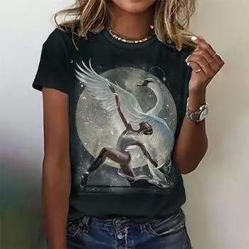 Футболка балетная с 3D-принтом для женщин, футболки с рисунком цветов и птиц для девочек, летние повседневные свободные футболки с короткими рукавами, топы с круглым вырезом XL