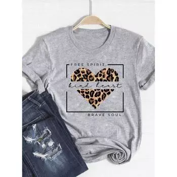 Футболка Базовая одежда Женская одежда Футболка с принтом Леопардовый узор Любовь Сердце Тренд Милый летний топ Модная футболка с коротким рукавом с графическим принтом S