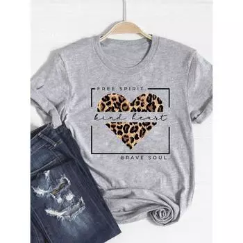 Футболка Базовая одежда Женская одежда Футболка с принтом Леопардовый узор Любовь Сердце Тренд Милый летний топ Модная футболка с коротким рукавом с графическим принтом S