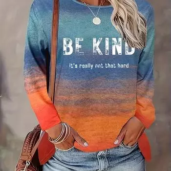 Футболка Be Kind Print размера плюс - мягкая, дышащая, с длинными рукавами и круглым вырезом, для весенней повседневной женской одежды свободного кроя S