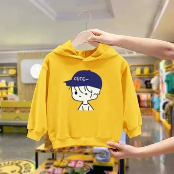 Футболка белая для мальчиков с длинными рукавами 2024 года, новый детский осенний топ на весну и осень с шапкой, средний и старый детский свитер для мальчиков 90cm