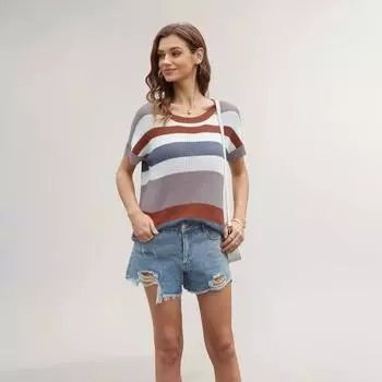 Футболка Bergaris Sambungan Longgar Sambungan Longgar Пуловер Kasual Свитер Rajut Lengan Pendek Wanita XL синий