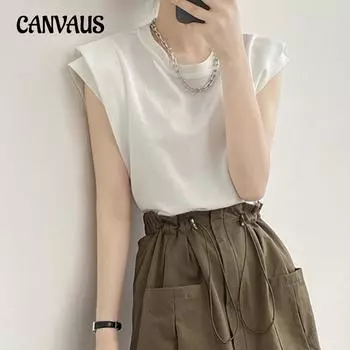 Футболка без рукавов с круглым вырезом, женские летние однотонные свободные тонкие топы One Size белый