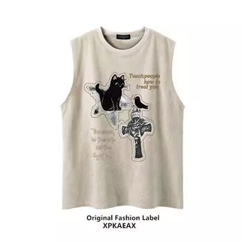 Футболка без рукавов с принтом котов и крестов в американском стиле в стиле ретро для мужчин и женщин, летняя модная тенденция, повседневная уличная одежда, топ на бретелях для пар S розовый