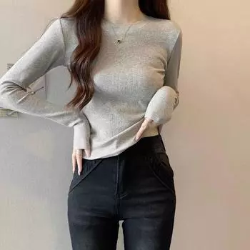 Футболка без талии с длинными рукавами для женщин на осень и зиму, новый дизайн, небольшой круглый вырез, утягивающая, простая, универсальная нижняя часть. S