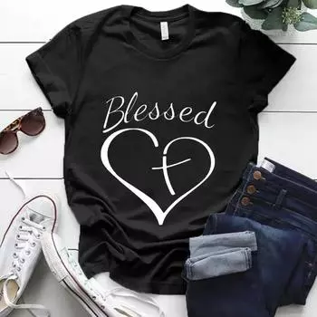 Футболка Blessed Cross Heart Christian Cotton, серая футболка, топ Harajuku, модная уличная одежда для женщин, унисекс, футболка S