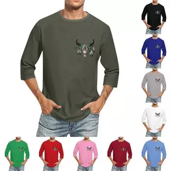 Футболка Bohemian с круглым вырезом и рукавом три четверти для мужчин, повседневная, свободная, рукава семь четвертей L синий