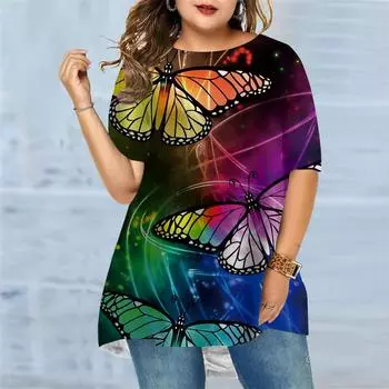Футболка больших размеров для женщин с летним танцевальным принтом в виде бабочек, удобная, с короткими рукавами и круглым вырезом, повседневная, мешковатая, средней длины XS красный