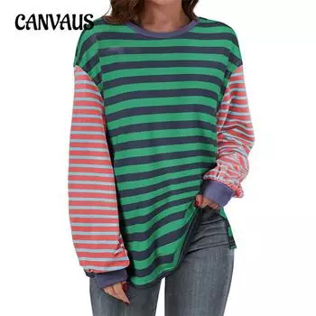 Футболка больших размеров для женщин весна-осень, новая свободная повседневная в полоску с круглым вырезом и длинным рукавом S зелёный