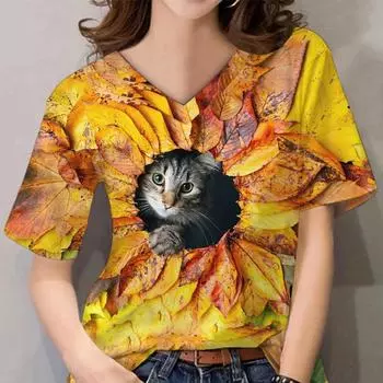 Футболка больших размеров Повседневная женская футболка Футболка с 3D-принтом «Кошка» Футболки с коротким рукавом и принтом «Кошка» 7XL