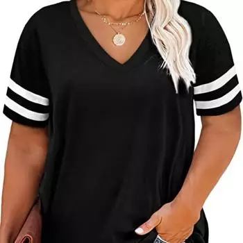 Футболка больших размеров с цветным V-образным вырезом, женская, слегка эластичная, с коротким рукавом, повседневная футболка больших размеров, женская одежда больших размеров 2XL