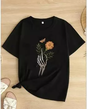 Футболка больших размеров с цветочным принтом и скелетом, повседневный топ с короткими рукавами для весны и лета, женская одежда больших размеров 1XL чёрный