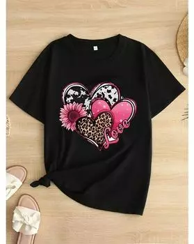 Футболка больших размеров с цветочным принтом и сердечками, повседневный топ с короткими рукавами для весны и лета, женская одежда больших размеров 1XL чёрный